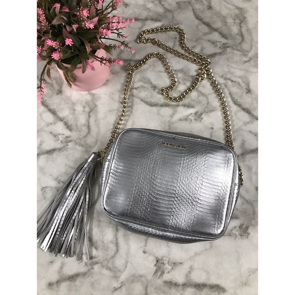 Victoria's Secret Silver Faux Leather Chain Strap w/Tassel Crossbody Bag 8.5"x6"